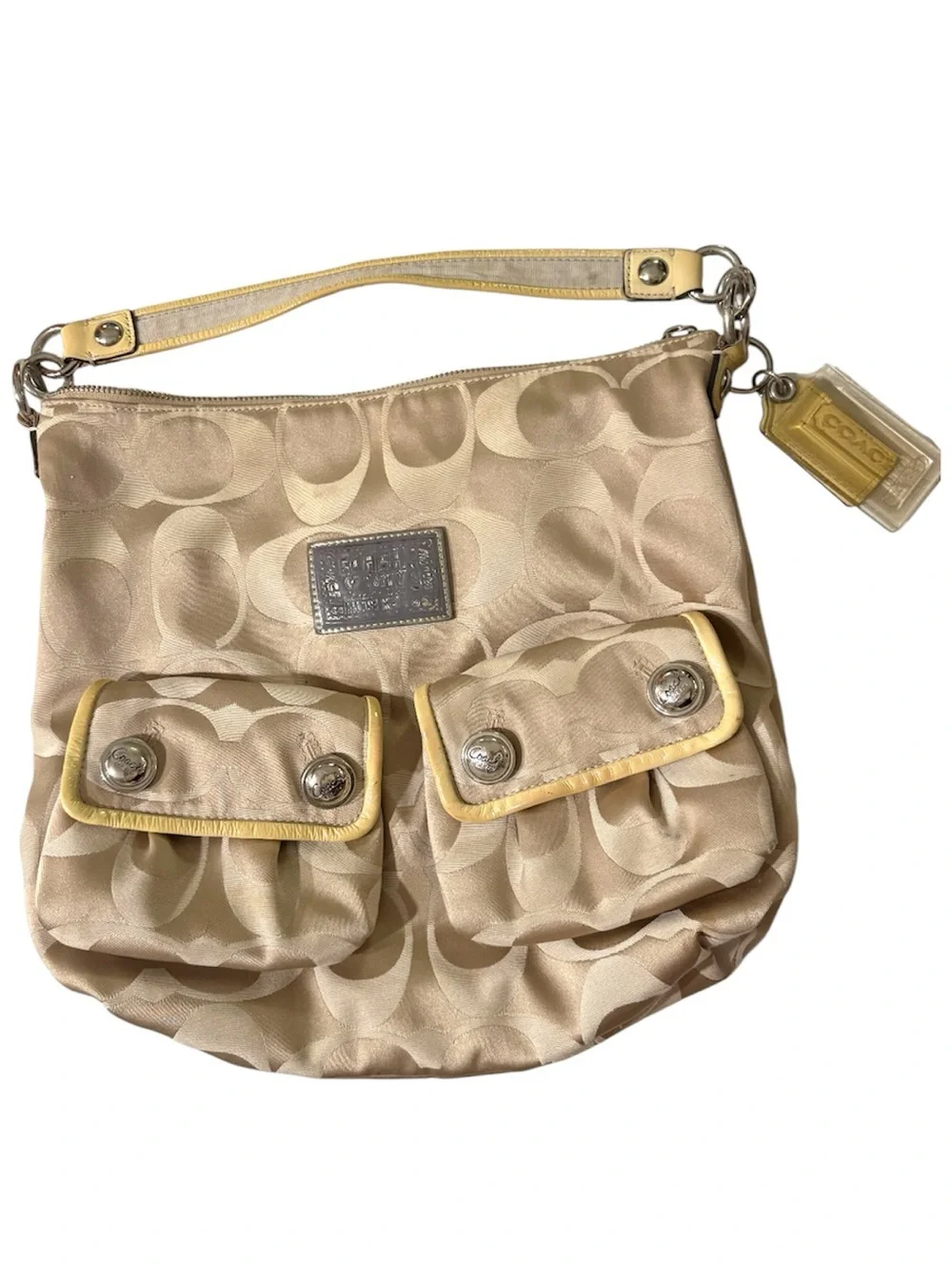 Coach Beige Signature Hobo with Yellow Trim